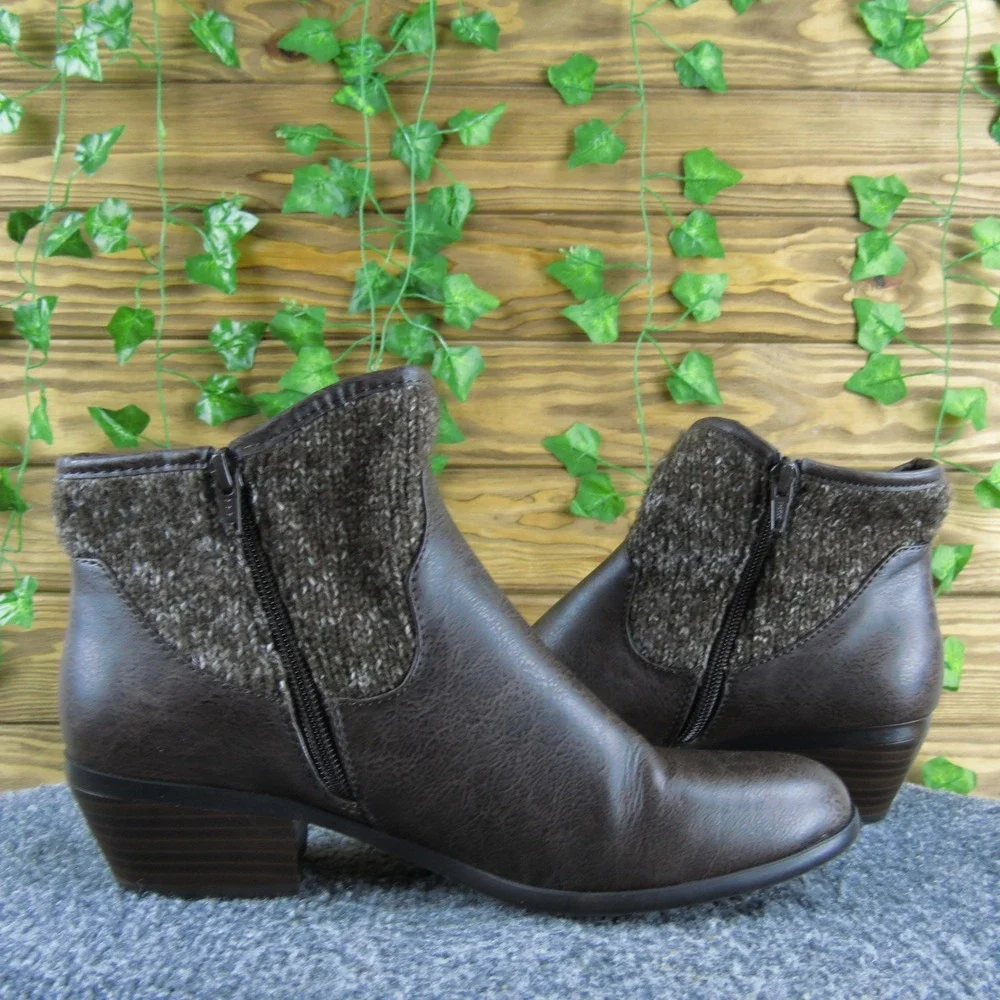 Great Northwest Jennifer Women 9.5 Brown‎ Faux Leather Ankle Boots Knit Trim